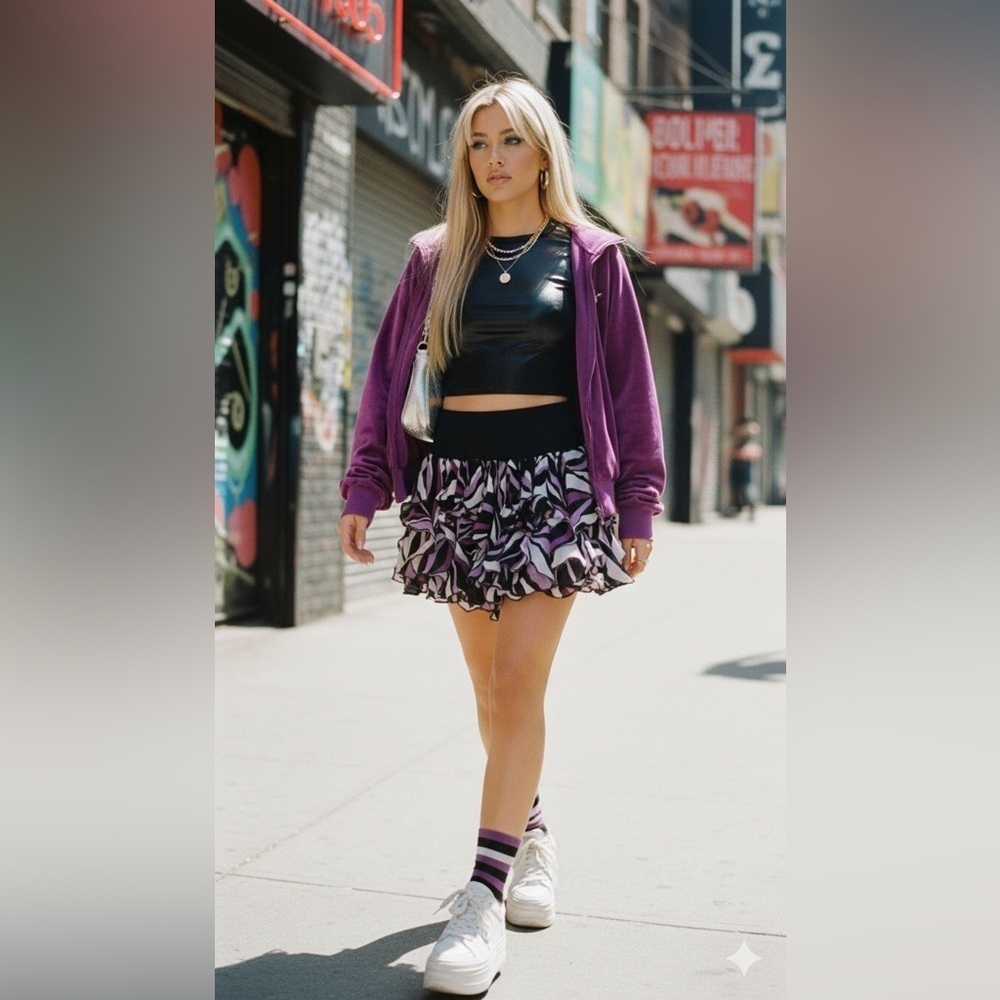 Bebe women's Y2K purple/black ruffle silk mini skirt xs